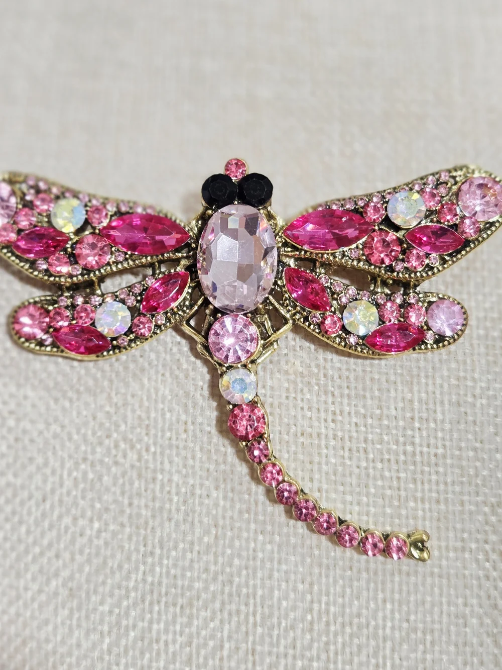 Pink Crystal Dragonfly Brooch - Gold Tone